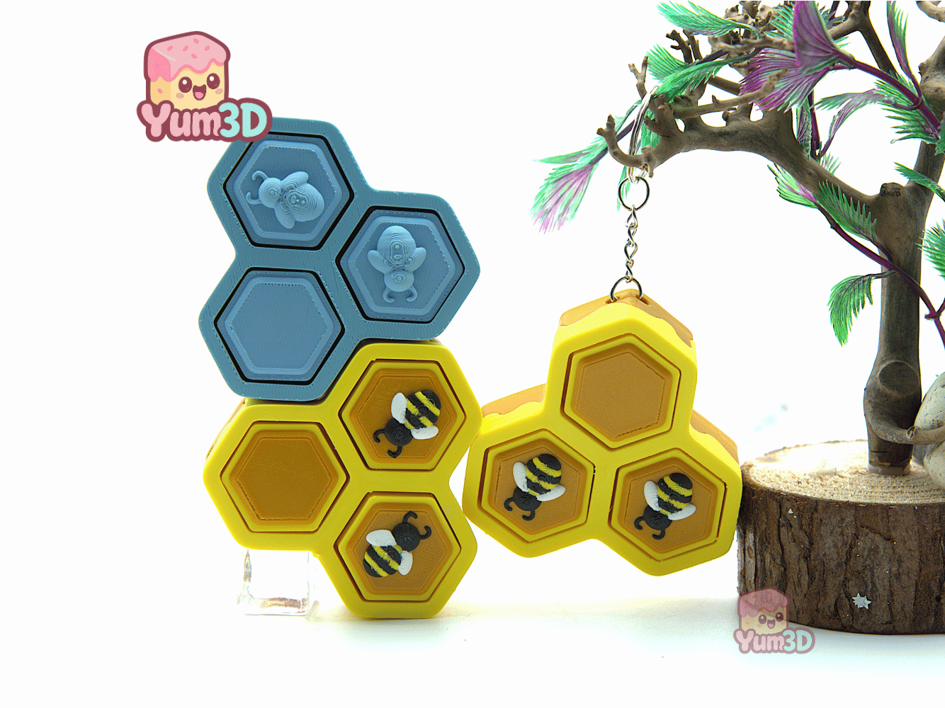 Yum3D-Kawaii Bee Honeycomb Fidget Clicker Keychain_05.png